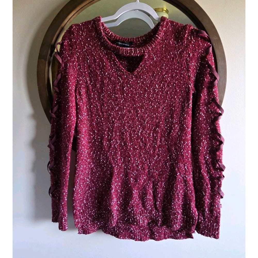 Rock & Republic Women's XS Burgundy Speckled Knit Lace-Up Sweater